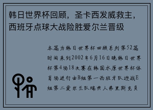 韩日世界杯回顾，圣卡西发威救主，西班牙点球大战险胜爱尔兰晋级
